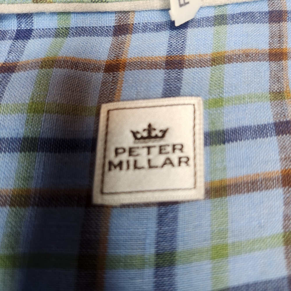 Peter Millar 100% Linen Mens Size Large Blue Plaid Long Sleeve Button Down Shirt - Picture 4 of 6